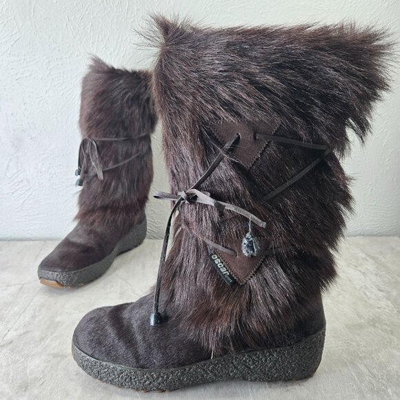 Oscar Sport Fur Boot Brown 10 Boho Ski Y2K Shearling Outdoor Pull On Cozy Bootie - Picture 1 of 15
